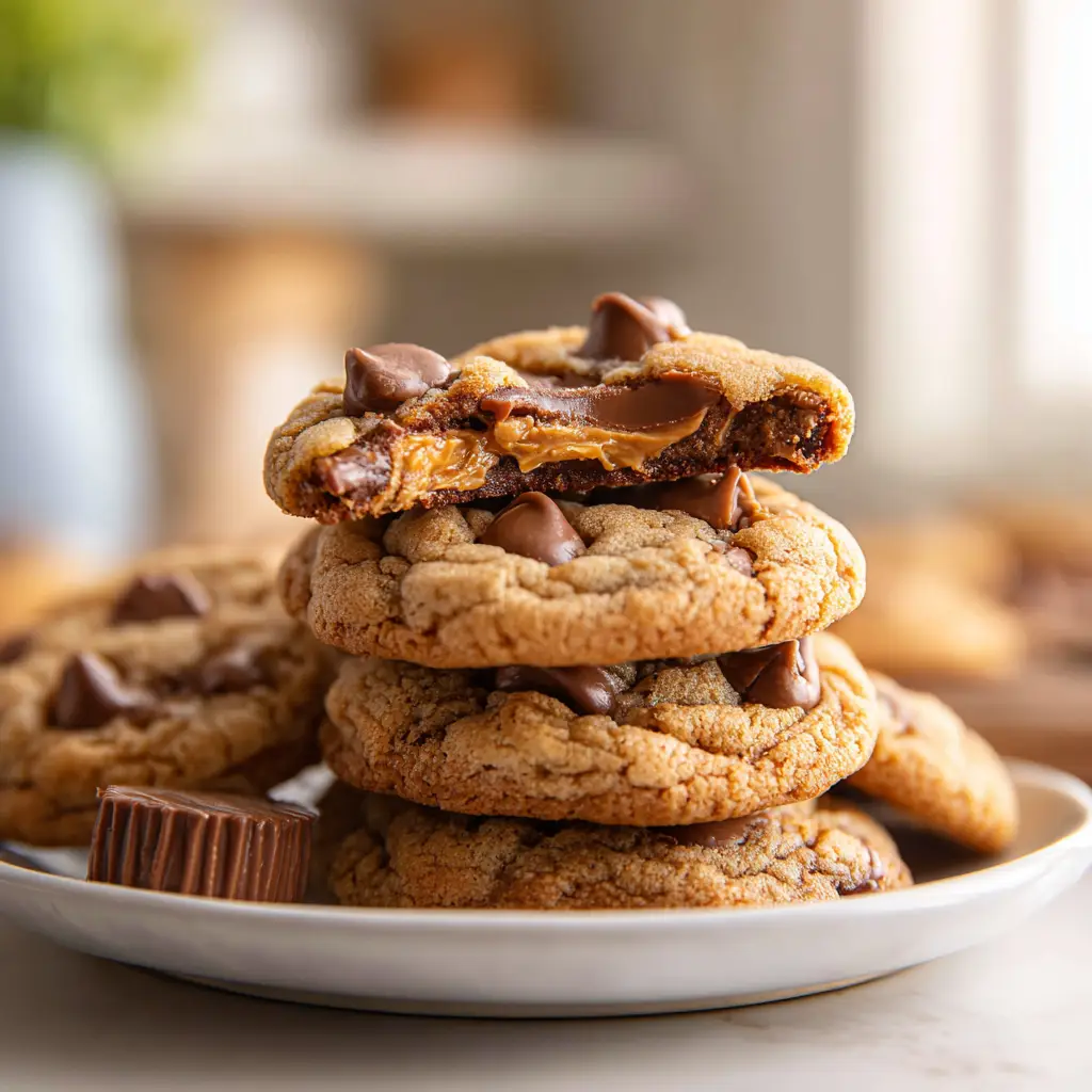 Melted peanut butter cup center stretching from a freshly baked Reese's Peanut Butter Cookie broken in half.