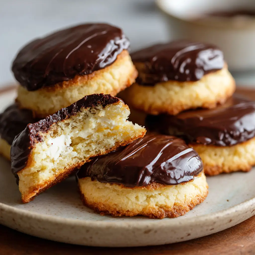 A halved Boston Cream Pie Cookie showcasing the thick dark chocolate ganache and fluffy vanilla filling inside the golden-brown cakey cookie.