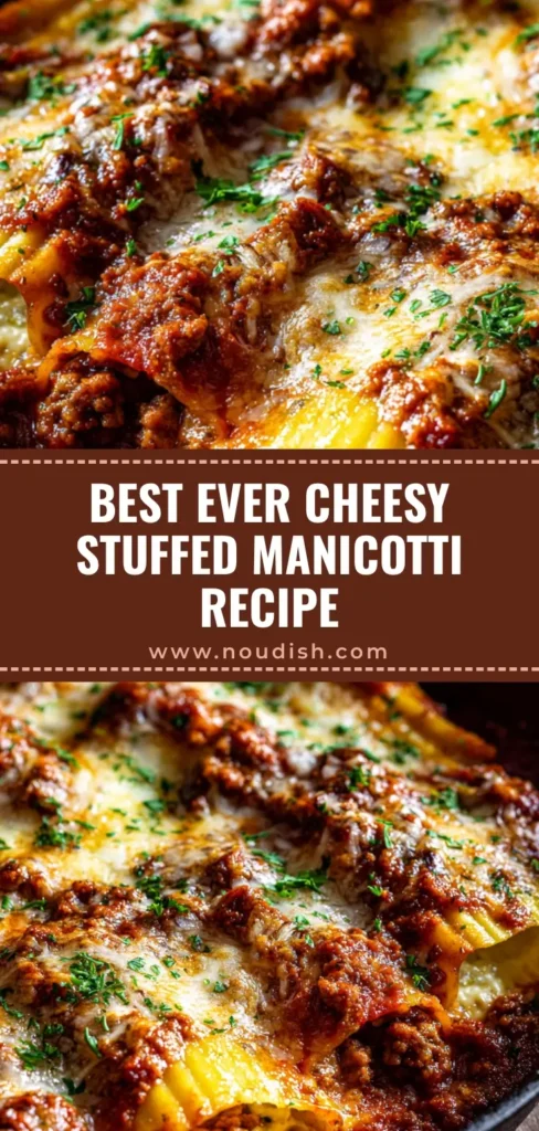 A rustic cast iron skillet filled with hearty baked Stuffed Manicotti Recipe, topped with chunky ground beef tomato sauce and bubbly golden-brown mozzarella cheese.