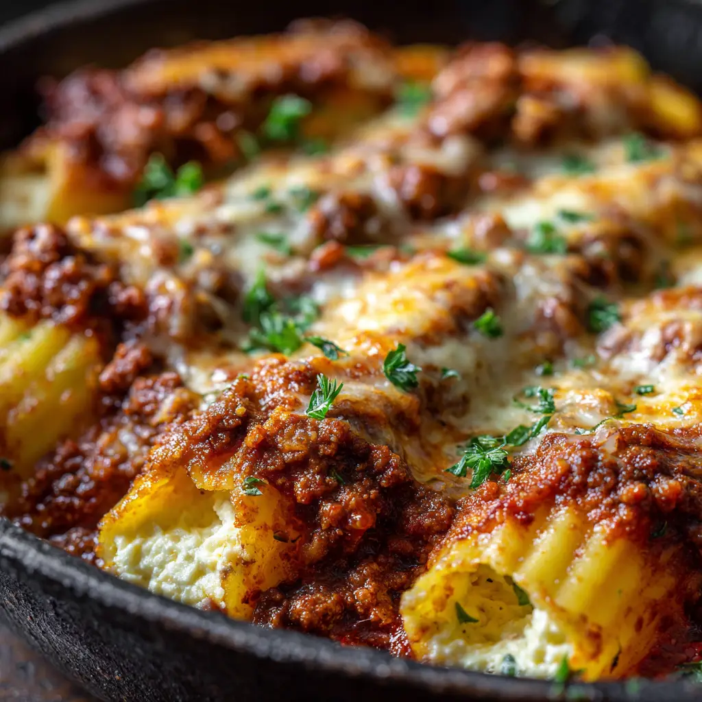Close-up macro shot of authentic Stuffed Manicotti Recipe showing fluffy ricotta filling and rich chunky meat sauce.