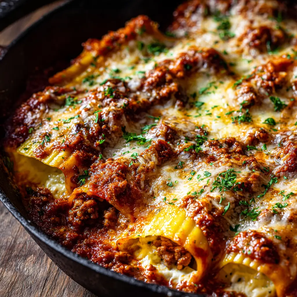 Mouth-watering baked Stuffed Manicotti Recipe covered in bubbly, golden-brown melted mozzarella cheese and fresh chopped parsley.