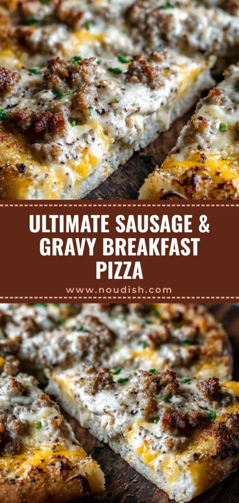 The Ultimate Sausage Gravy Breakfast Pizza on a Biscuit Crust 4 A rustic, hearty, close-up macro food photograph of a sausage gravy breakfast pizza on a biscuit crust served on a dark weathered wooden cutting board.