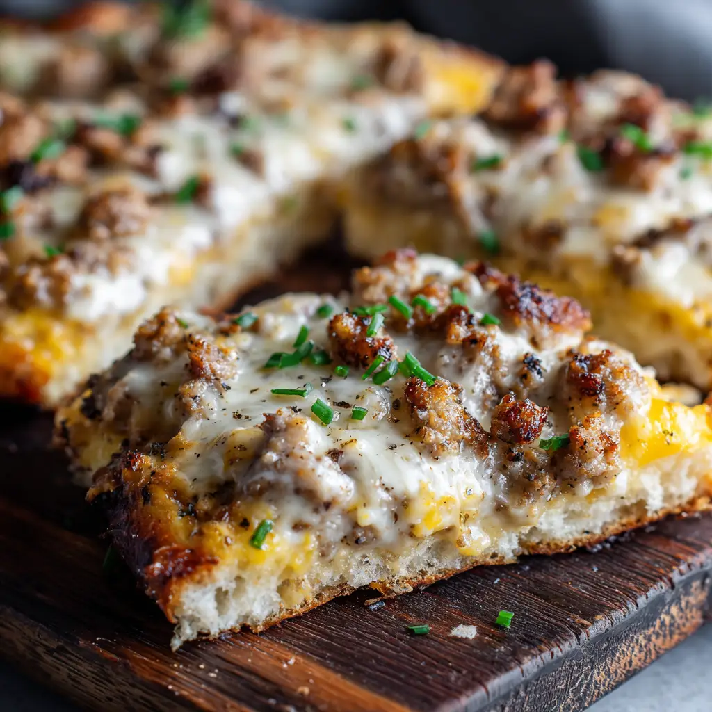 Close-up of thick creamy white sausage gravy, chunky browned sausage, and fresh green chives on a breakfast pizza.