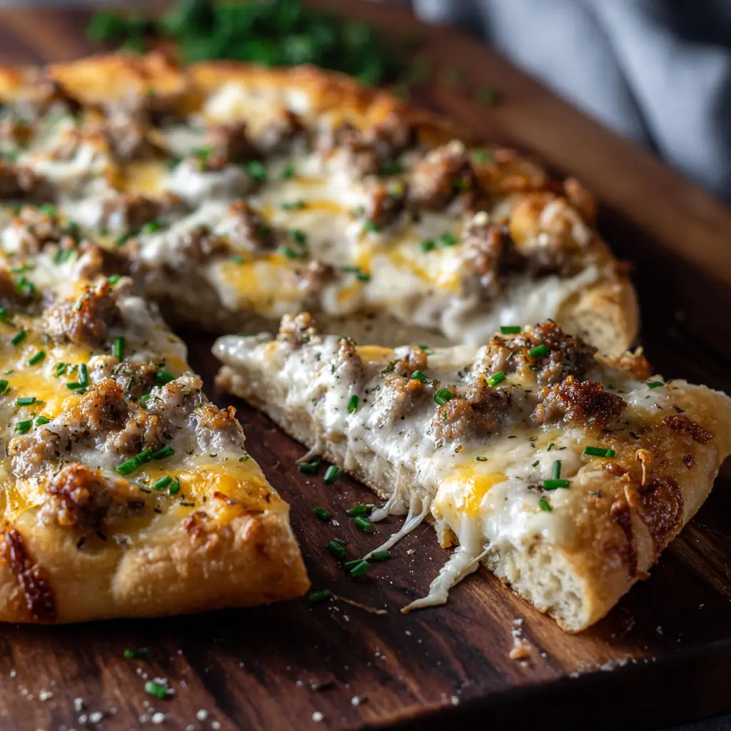 The Ultimate Sausage Gravy Breakfast Pizza on a Biscuit Crust 1 Melted mozzarella and cheddar cheese baked golden-brown and bubbly on a sausage gravy breakfast pizza.