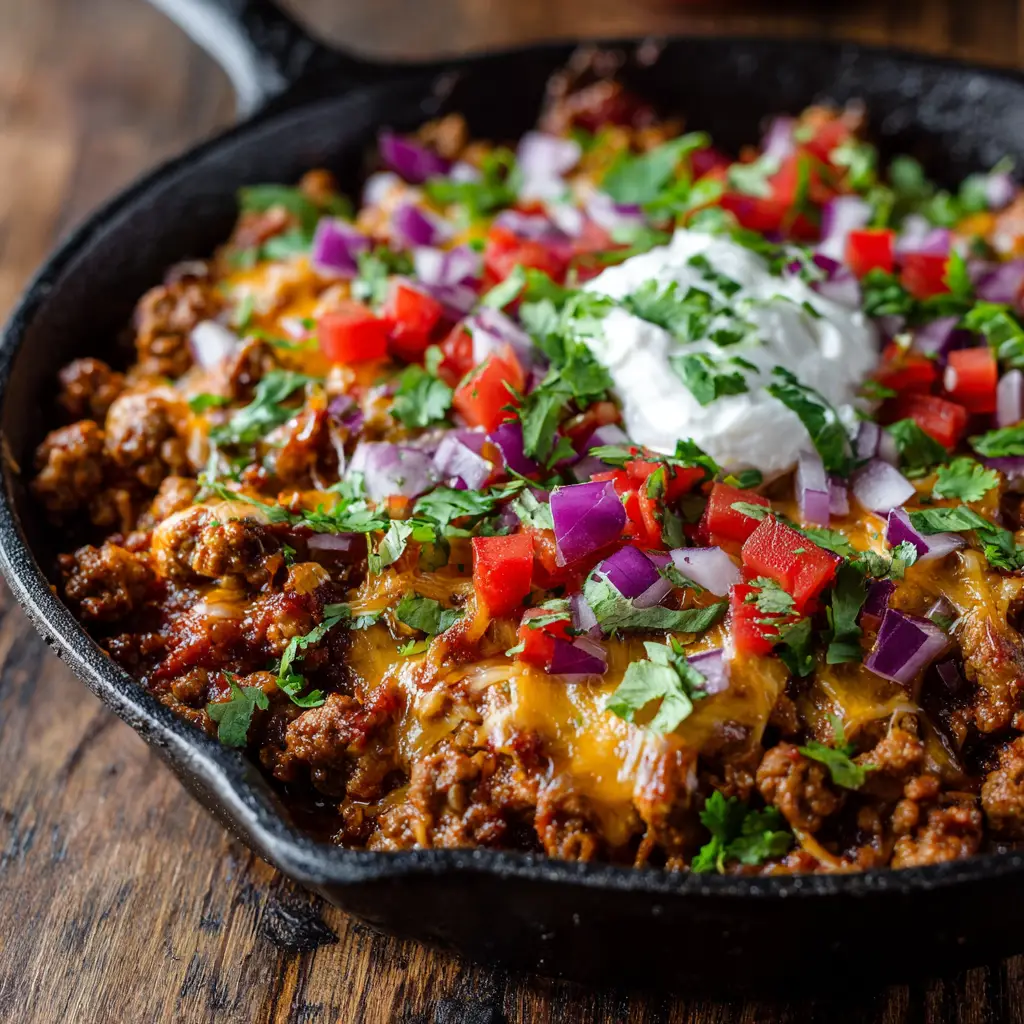 Close-up macro shot of Ground Turkey Taco Skillet showing rich, bubbling cheddar cheese and vibrant fresh chopped cilantro.