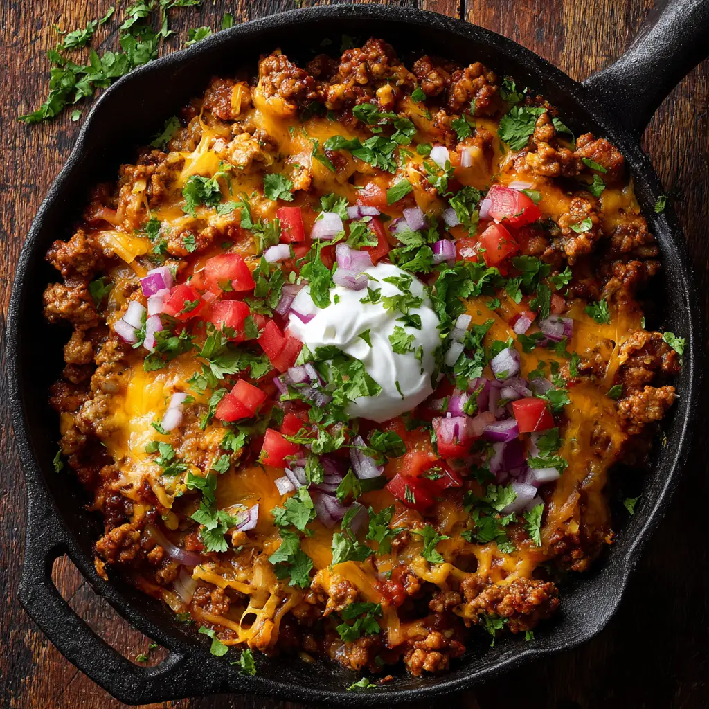 Elevated view of a Ground Turkey Taco Skillet resting on a worn, rustic wooden table surface.