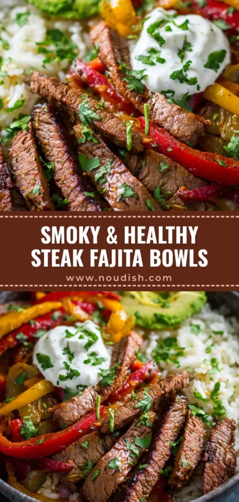 A rustic and hearty Steak Fajita Bowl featuring sliced steak, bell peppers, avocado, and sour cream over cilantro lime rice.