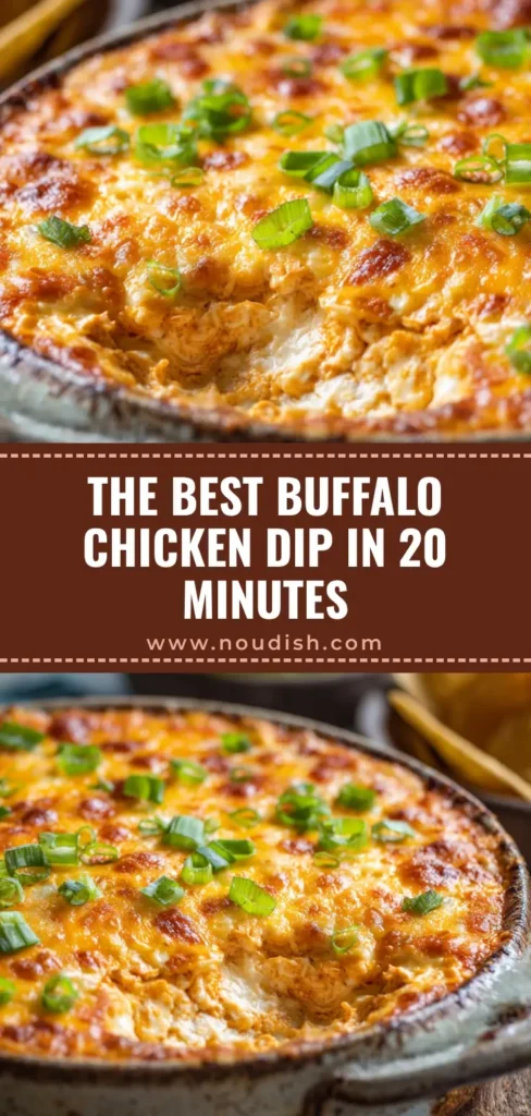 A rustic round ceramic dish filled with golden brown, bubbly 20 minute buffalo chicken dip, garnished with green onions and a tortilla chip.