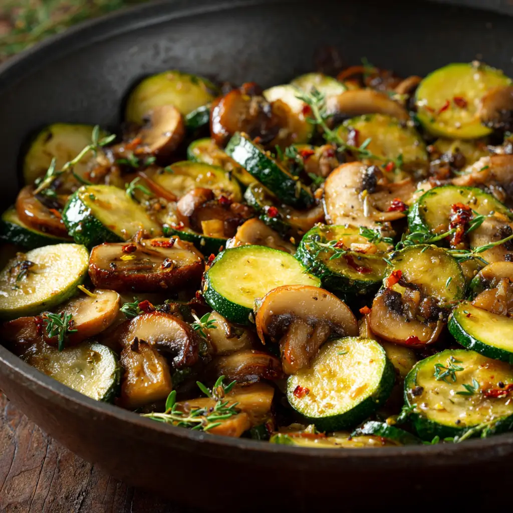 Perfect Sautéed Zucchini and Mushrooms 1 Close-up macro shot of Sautéed Zucchini and Mushrooms glistening in a light pan sauce.
