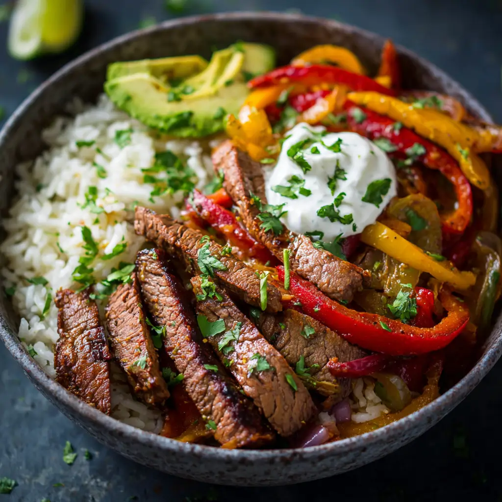 Close-up macro shot of a Steak Fajita Bowl showing perfectly grilled steak, colorful sauteed peppers, and fresh cilantro garnish in a stoneware bowl.