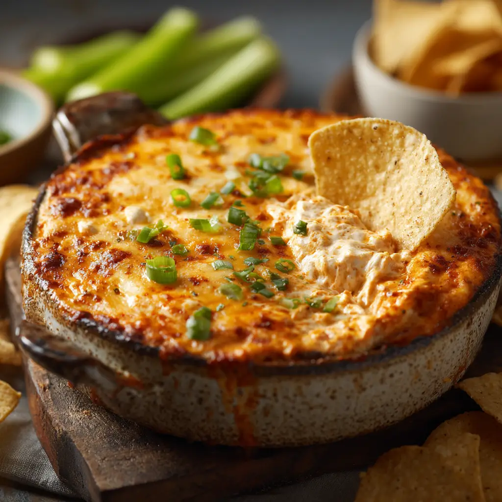 Close-up macro shot of hearty 20 minute buffalo chicken dip featuring incredible texture, melted cheese, and chopped green onions.