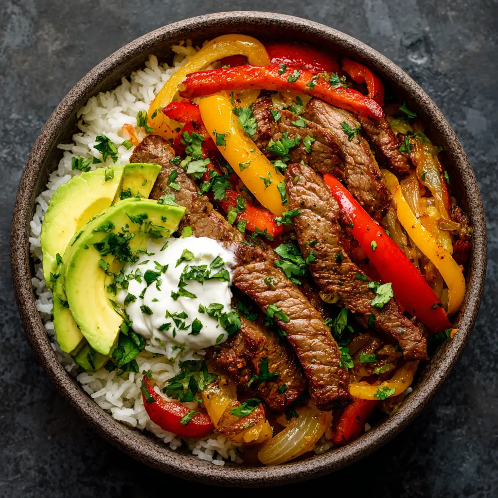 Overhead view of a hearty steak fajita power bowl set against a dark, textured background with bright natural kitchen lighting.