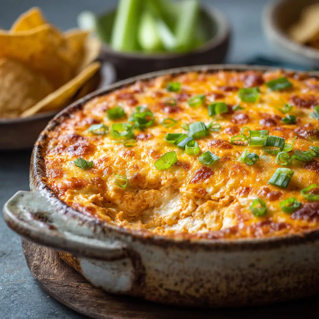 A single tortilla chip stuck into a scoop of bubbly buffalo chicken dip with celery sticks in the soft-focus background.
