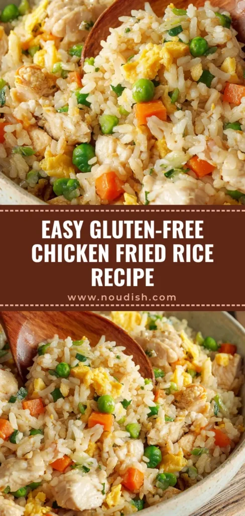 The Best Gluten-Free Chicken Fried Rice 3 A rustic, light-colored ceramic bowl filled with mouth-watering Gluten-Free Chicken Fried Rice, placed on a weathered wooden surface.