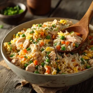 Close-up of freshly prepared Gluten-Free Chicken Fried Rice showing chunks of tender chicken and vibrant green peas.