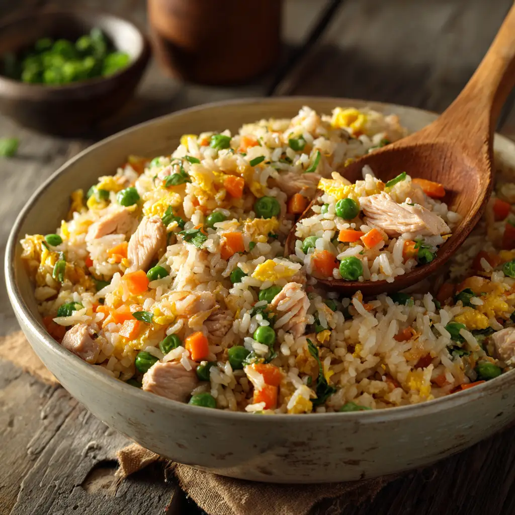 The Best Gluten-Free Chicken Fried Rice 2 Close-up of freshly prepared Gluten-Free Chicken Fried Rice showing chunks of tender chicken and vibrant green peas.