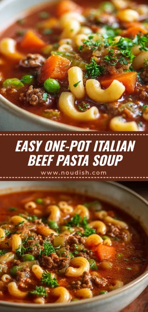 A delicious bowl of one-pot Italian Ground Beef Pasta Soup, garnished with fresh parsley and parmesan. The perfect hearty and easy soup recipe for dinner.