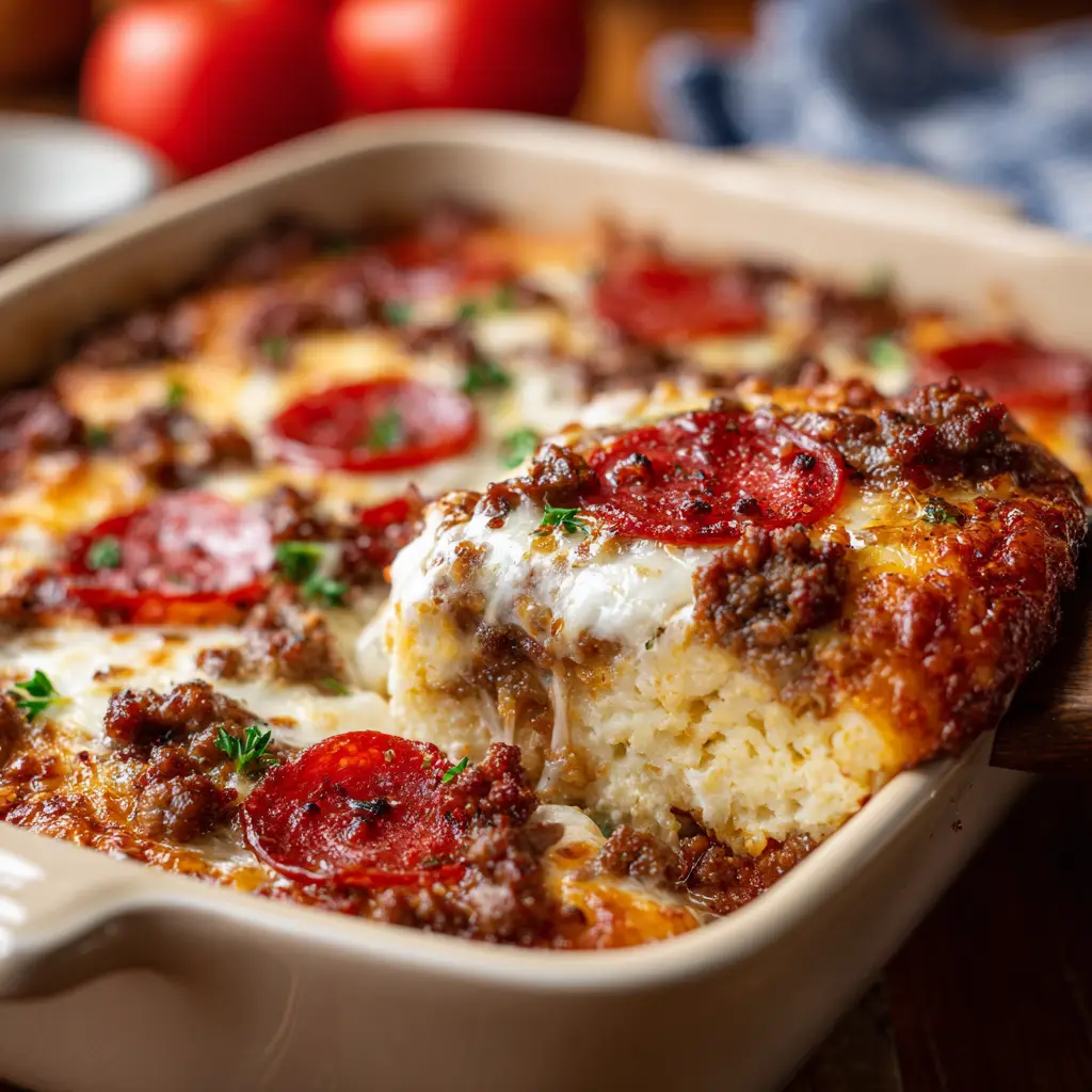 The finished keto ground beef casserole in a cream-colored dish, ready to be served for a family-friendly keto dinner.