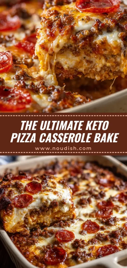 A delicious and cheesy keto pizza casserole in a baking dish, topped with pepperoni. The perfect low-carb dinner idea.
