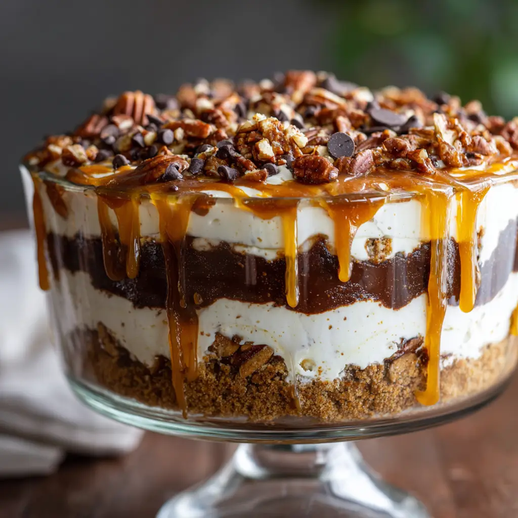 Turtle Lasagna Dessert (The Ultimate No-Bake Recipe!) 2 A close-up macro shot of the layered turtle dessert, emphasizing the textures of the Oreo crust and creamy cheesecake filling.