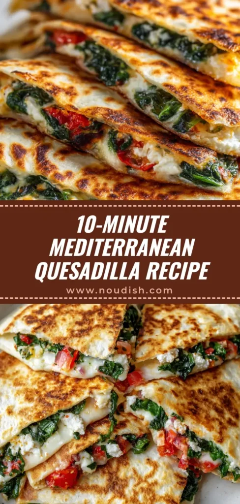 A golden-brown Mediterranean quesadilla sliced in half, revealing a delicious filling of spinach, feta, and sun-dried tomatoes, served on a white plate.