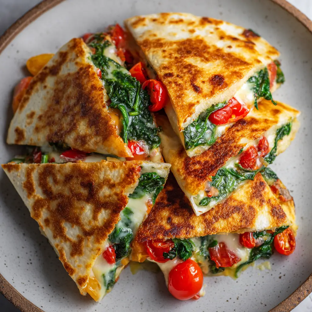 A stack of sliced Mediterranean quesadillas ready to be served, garnished with fresh herbs and a side of tzatziki sauce.