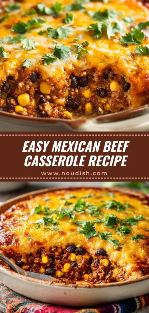 A delicious and cheesy Mexican Ground Beef Casserole in a baking dish, ready to be served. The perfect easy weeknight dinner recipe.