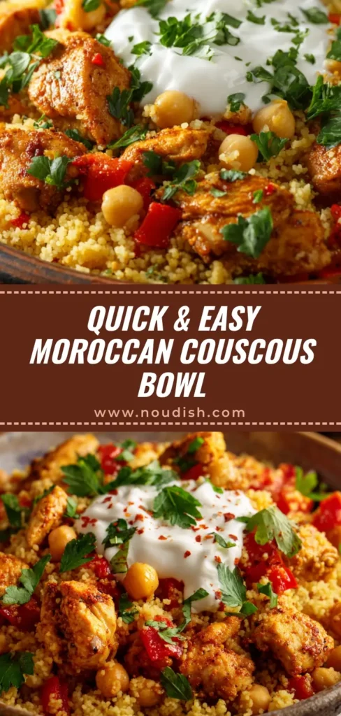 A vibrant Moroccan Chicken Couscous Bowl in a ceramic dish, topped with fresh parsley and slivered almonds, ready to be shared.
