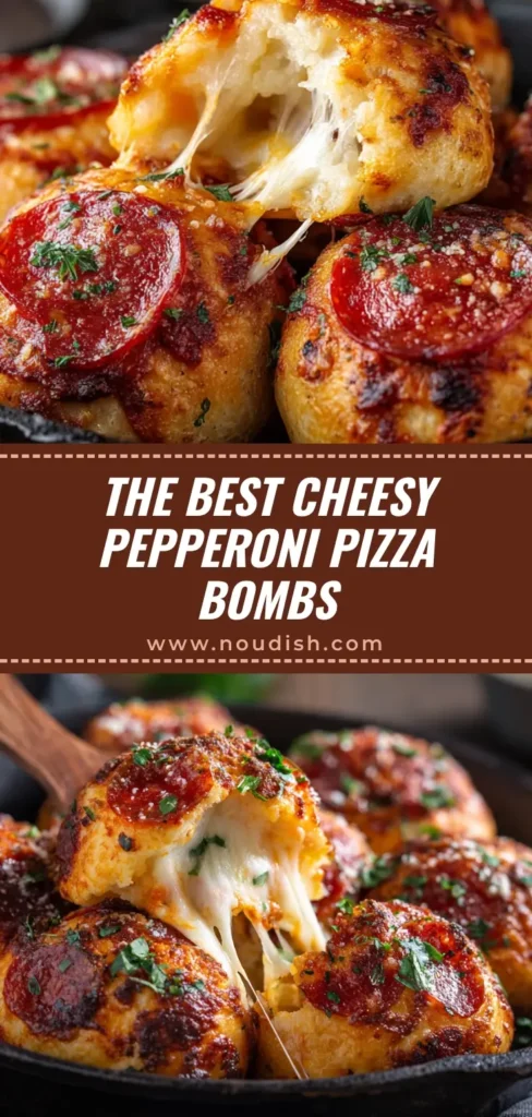A close up shot of golden-brown pepperoni pizza bombs piled on a plate, with one cut open to show the gooey, melted cheese and pepperoni inside.