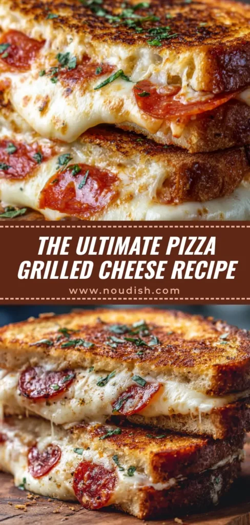 Pizza Grilled Cheese: The Ultimate 15-Minute Recipe 3 An delicious pizza grilled cheese sandwich cut in half to show a perfect cheese pull with pepperoni and marinara sauce.