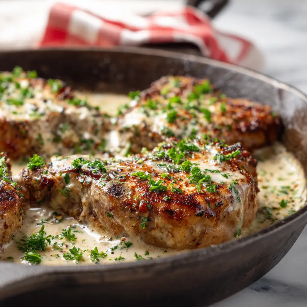 The process of making the creamy garlic sauce in the skillet, showing the simmering cream and minced garlic before the pork chops are returned to the pan.