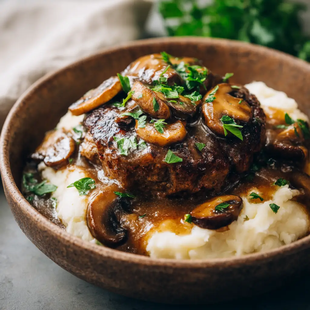 Salisbury steaks simmering in a rich, dark brown gravy filled with sliced mushrooms and onions, ready to be served.