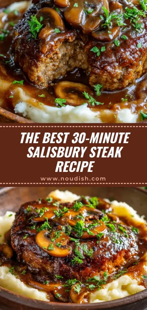 An overhead shot of the finished Salisbury Steak Recipe, showing juicy beef patties in a rich mushroom and onion gravy, served in a cast-iron skillet.