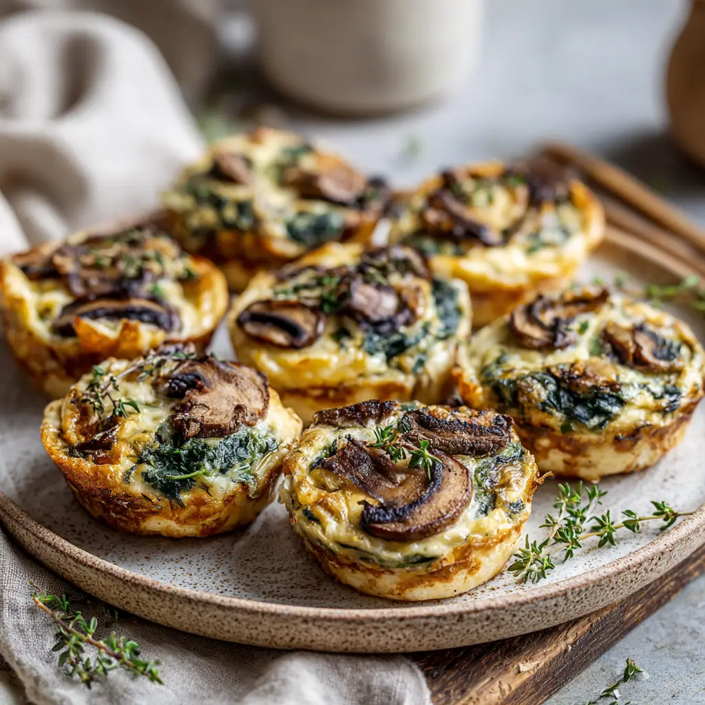 A batch of savory breakfast muffins with spinach and mushroom being taken out of a muffin tin. The quiche muffins are golden and fluffy.