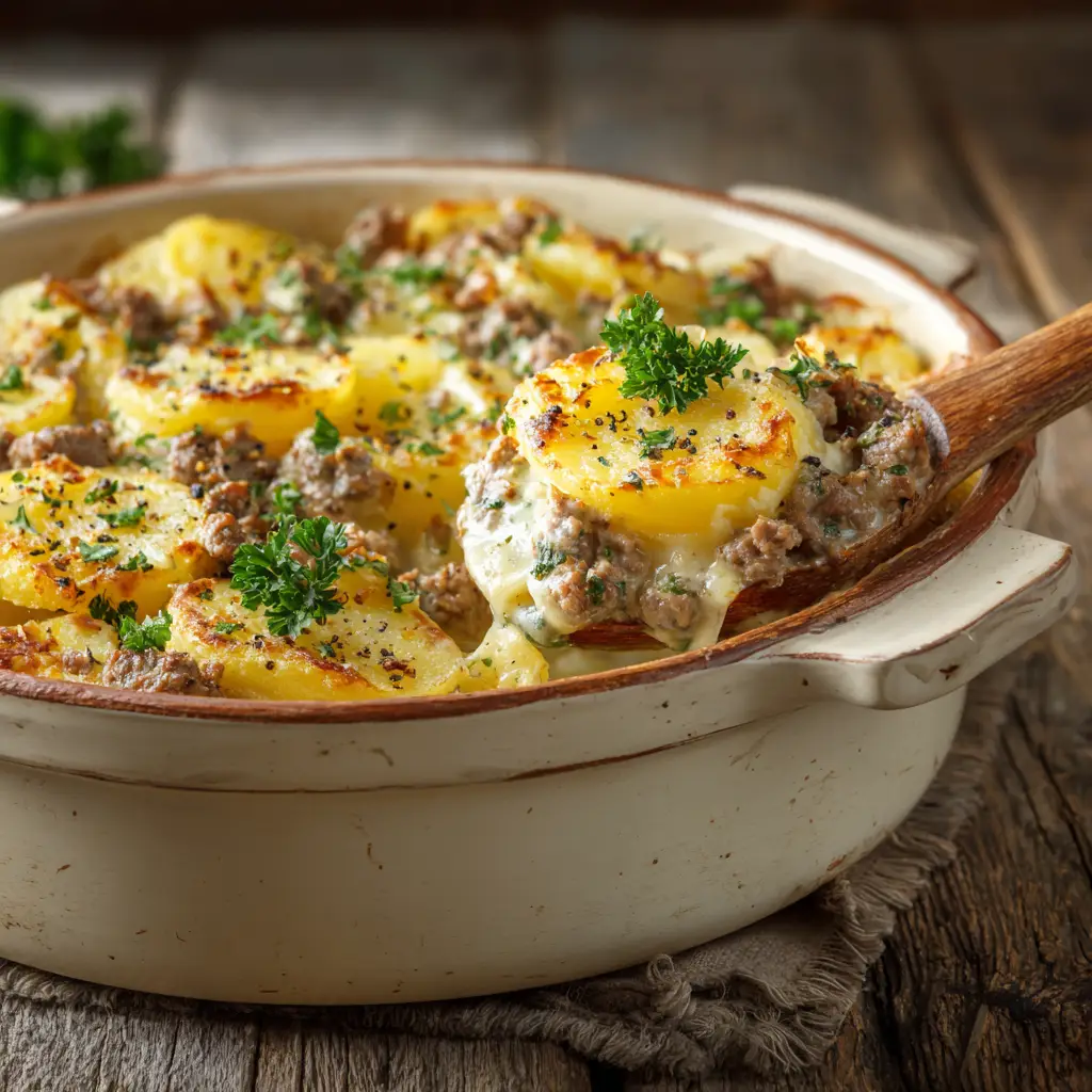 A serving of crockpot ground beef and potato being scooped from the slow cooker, showing the rich sauce and tender ingredients.