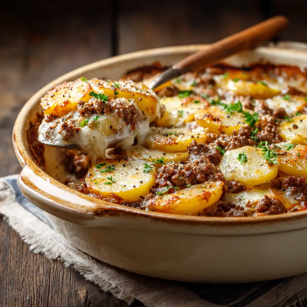A close-up of the rustic and hearty ground beef and potato casserole, showcasing the tender potatoes and savory beef.
