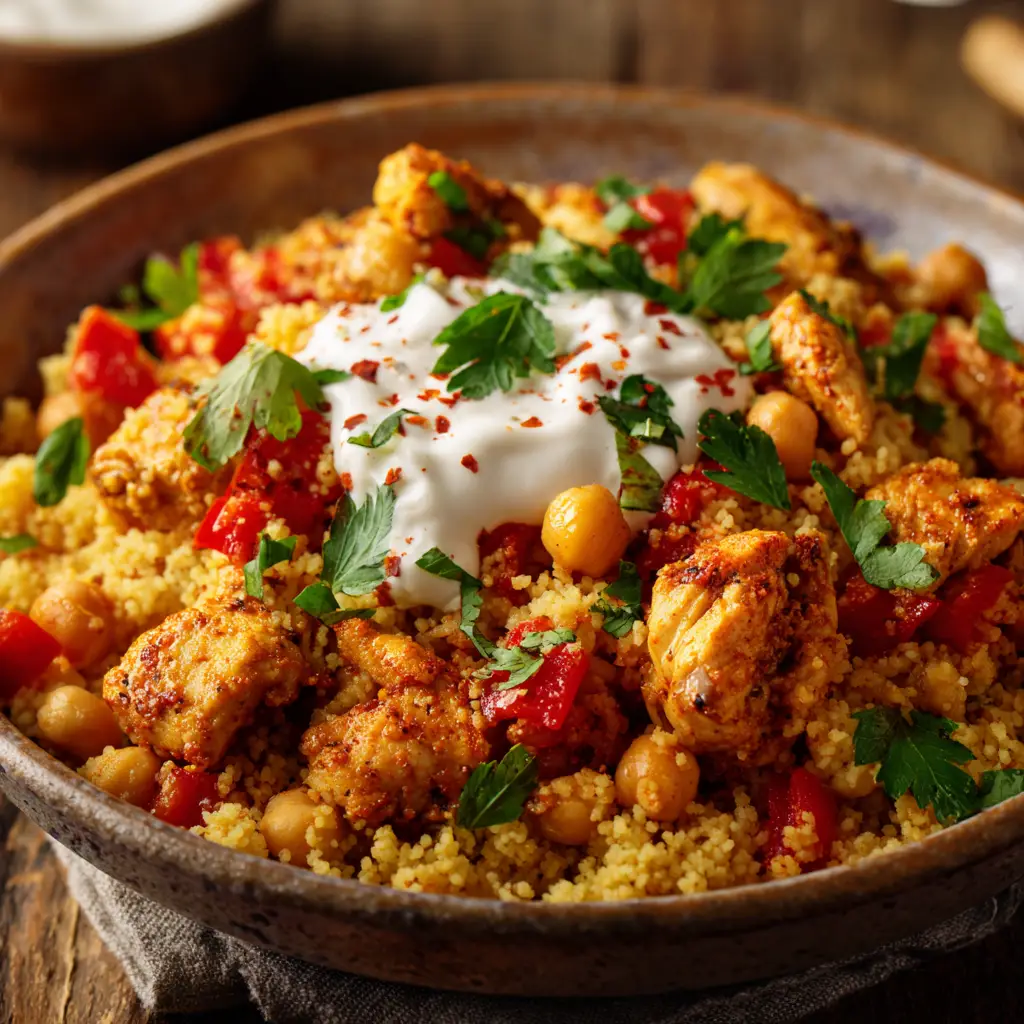 A close-up shot of the spiced chicken and fluffy couscous in the Moroccan chicken couscous bowl, highlighting the tender chicken and aromatic spices.