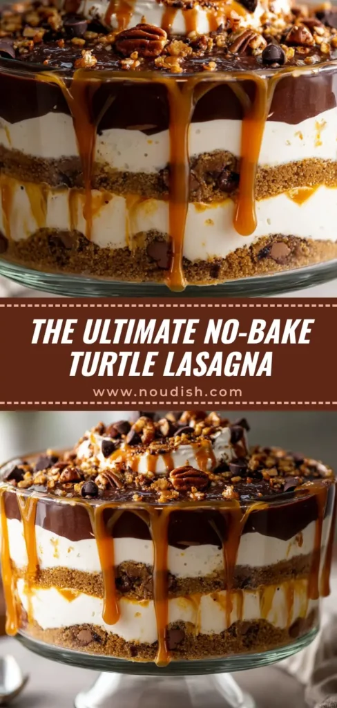 Turtle Lasagna Dessert (The Ultimate No-Bake Recipe!) 4 A slice of Turtle Lasagna Dessert on a white plate, showing distinct layers of Oreo crust, cream cheese, and chocolate pudding, topped with caramel, chocolate, and pecans.