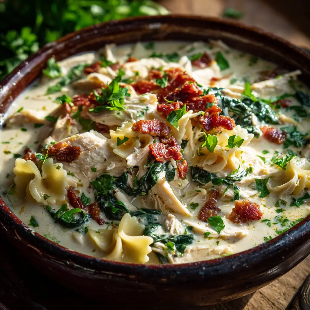 White Lasagna Soup: The Creamiest, Easiest Comfort Meal 2 A hearty bowl of creamy white chicken lasagna soup, showing the rich texture with tender chicken, noodles, and cheese.