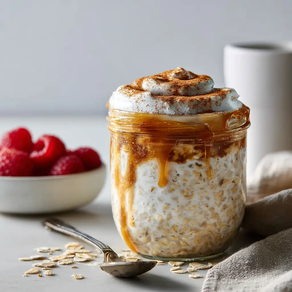 Creamy protein overnight oats in a mason jar beside a bowl of fresh raspberries on a bright kitchen counter.