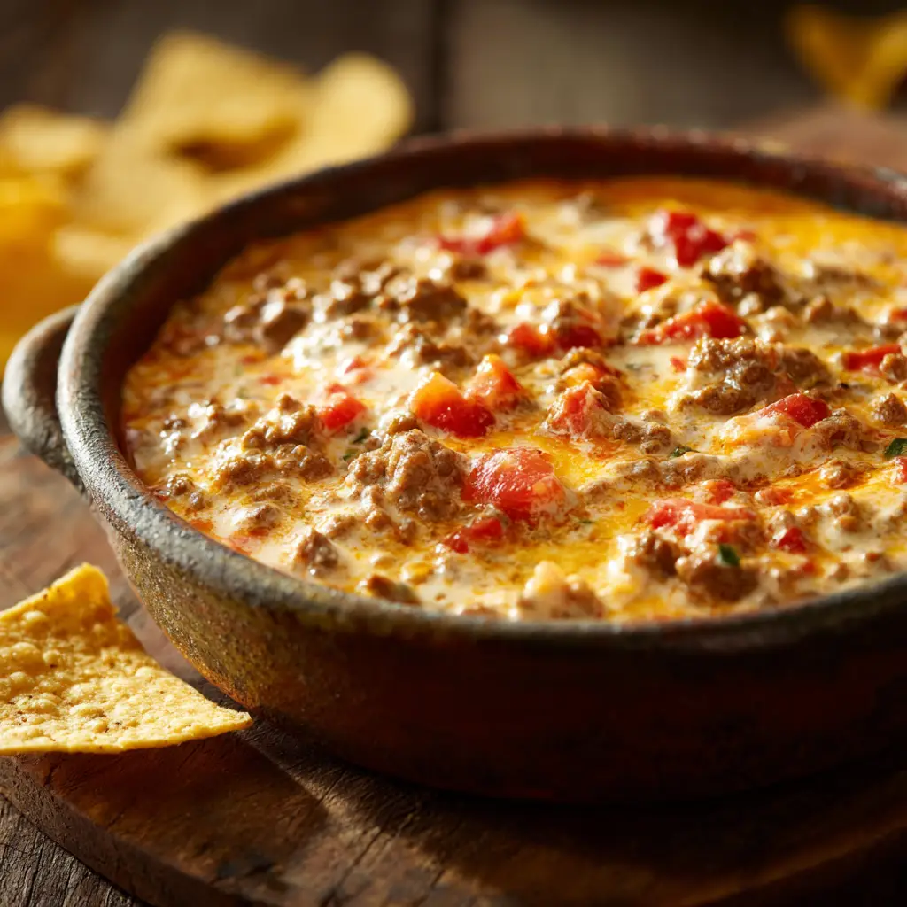 A rustic stoneware bowl filled with thick home-cooked rotel dip, resting next to crispy golden tortilla chips under bright kitchen lighting.