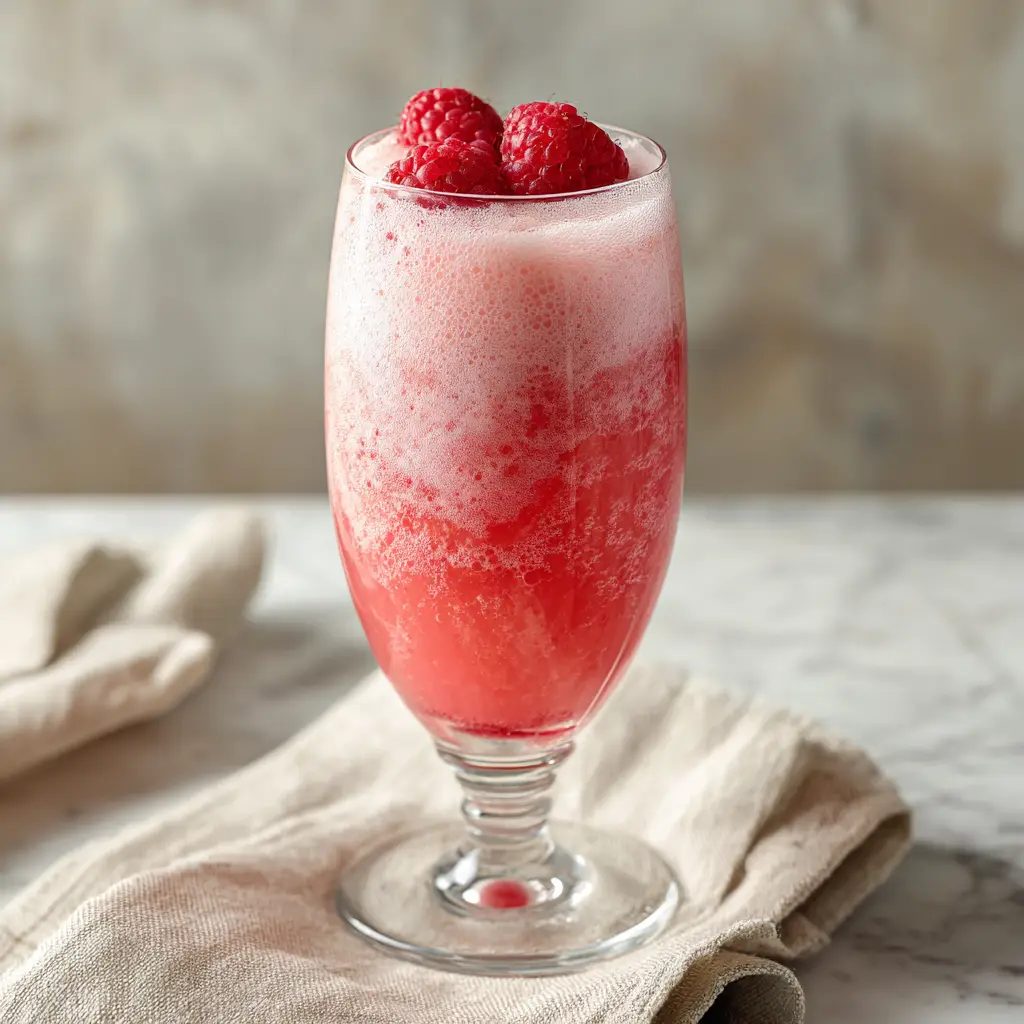 A close-up, macro view of a Raspberry Sherbet Champagne Float, highlighting the fizzy bubbles and creamy foam where the sherbet is melting into the champagne.