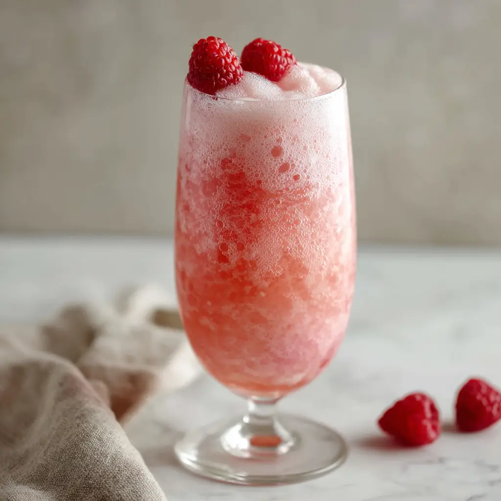 An elegant Raspberry Sherbet Champagne Float served in a stemless glass on a white marble surface, garnished with two fresh raspberries.