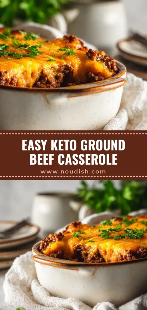 An overhead shot of a cheesy Keto Ground Beef Casserole in a white baking dish, ready to be pinned.