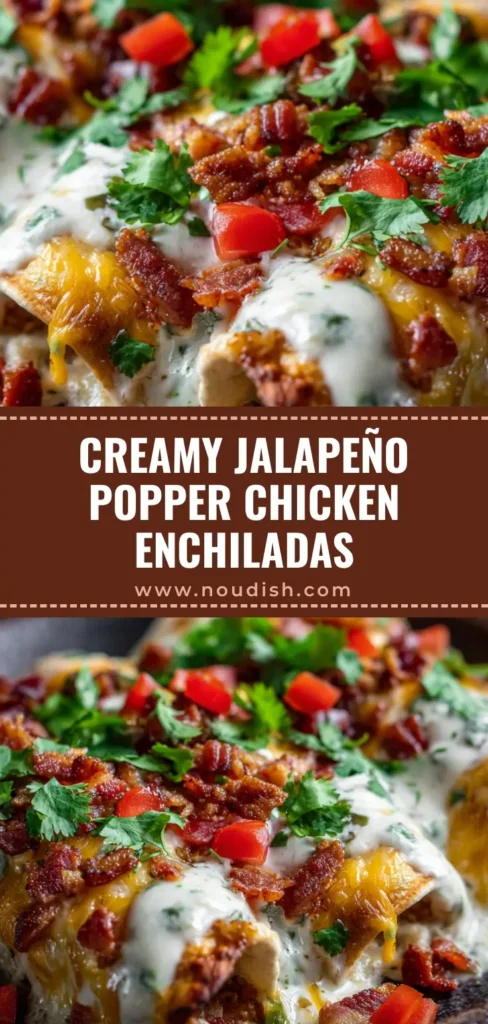A close-up overhead shot of Jalapeño Popper Chicken Enchiladas in a baking dish, showcasing melted cheese, crispy bacon, and fresh cilantro.