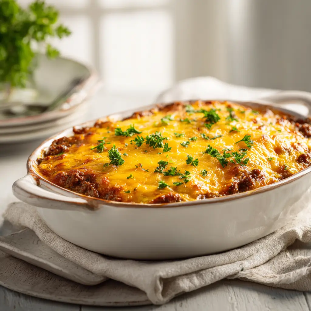 A close-up, three-quarters top-down angle of the Keto Ground Beef Casserole, showcasing its gooey, melted golden-orange cheddar cheese and savory ground beef texture in a rustic dish.