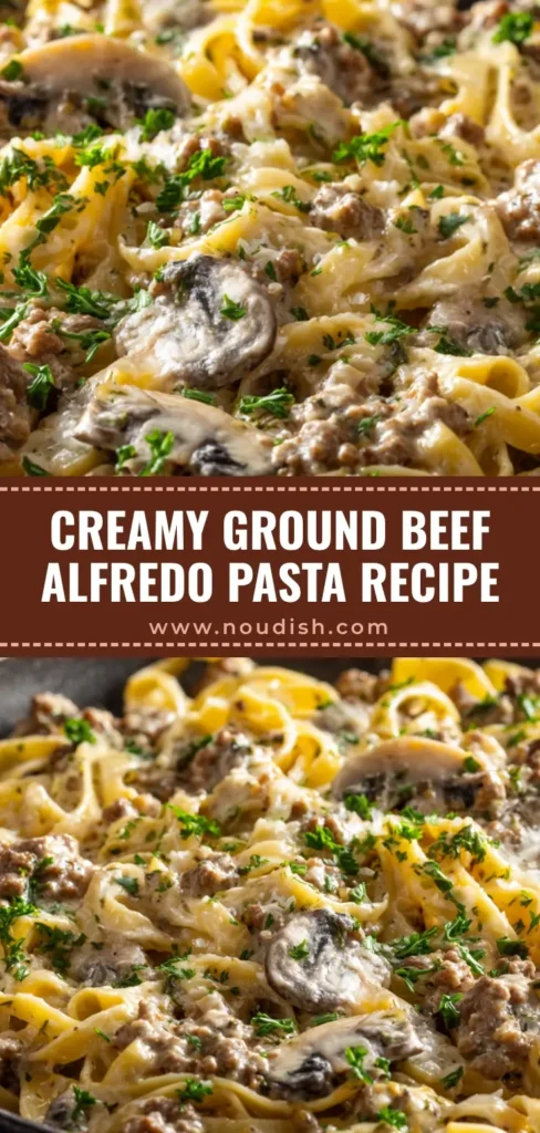 A close-up overhead shot of creamy ground beef pasta alfredo served in a dark pan, garnished with fresh parsley. The velvety parmesan sauce coats every strand of fettuccine.