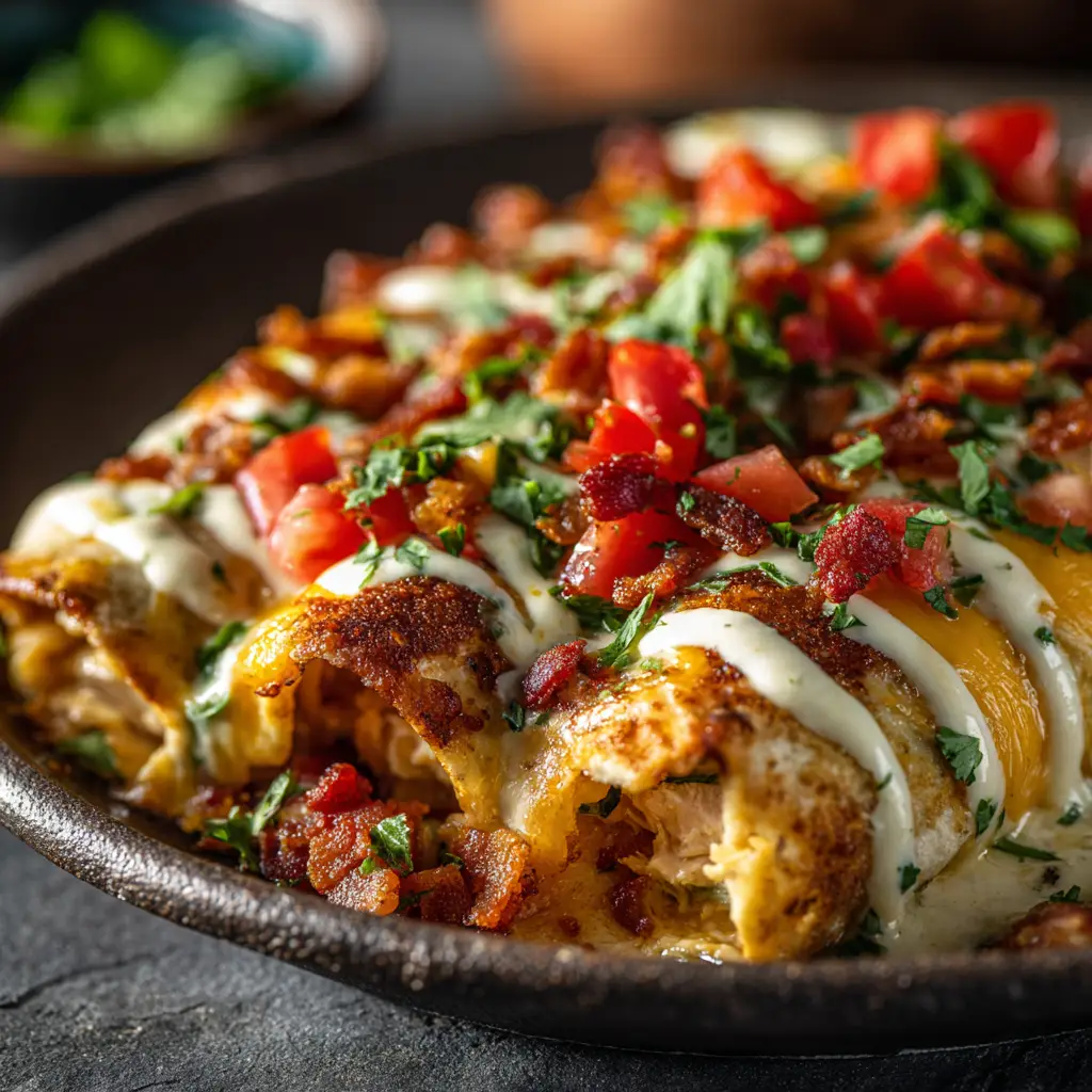 A macro shot of Jalapeño Popper Chicken Enchiladas on a dark stoneware plate. The focus is on the gooey melted cheddar cheese, creamy sauce, and fresh garnishes of bacon, cilantro, and tomato.
