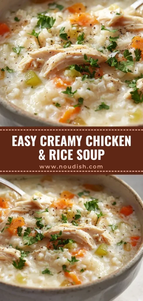 A close-up overhead shot of a rustic white bowl filled with Creamy Chicken and Rice Soup, garnished with fresh parsley and black pepper.