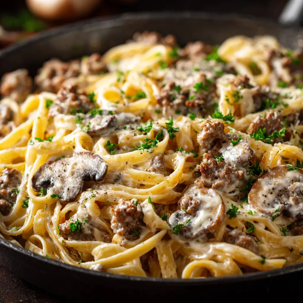 A beautiful, close-up macro shot of ground beef pasta alfredo, highlighting the creamy texture of the sauce clinging to the fettuccine and savory mushrooms.